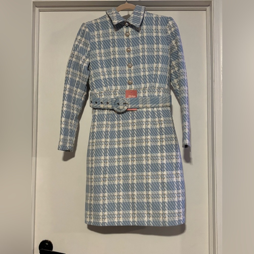 Ivy City Co Blue & White Plaid Long-Sleeve Belted Shirt Dress